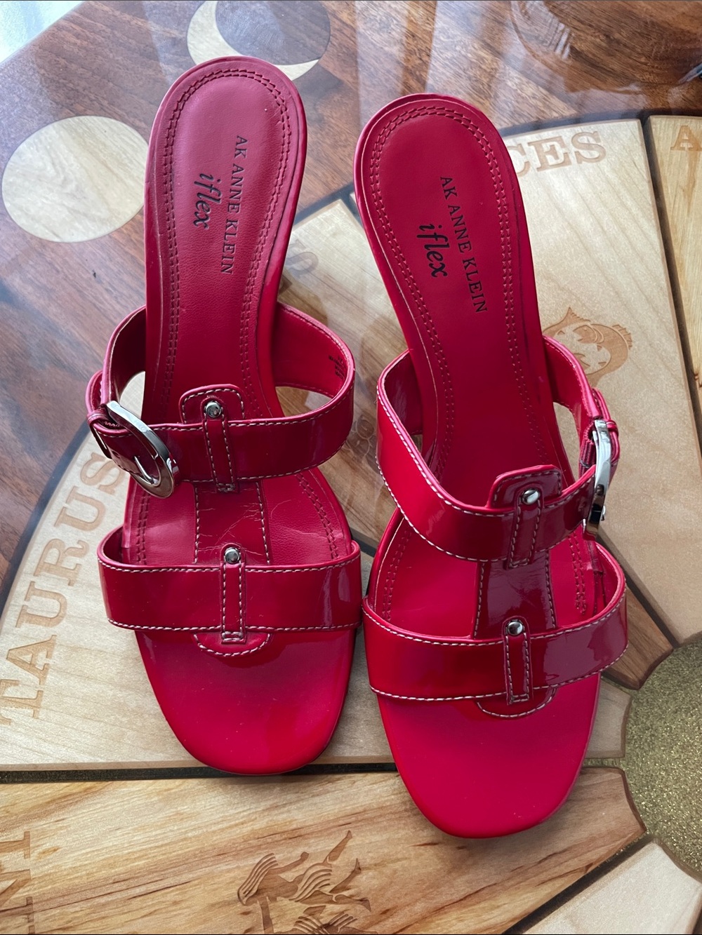 Anne Klein Early 2000s Red Patent Faux Leather Shiny Buckle Heels Sandal